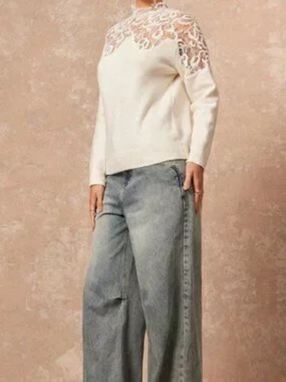 ZARA Apricot Casual Women's Baroque Contrast Lace Stand Collar Pullovers